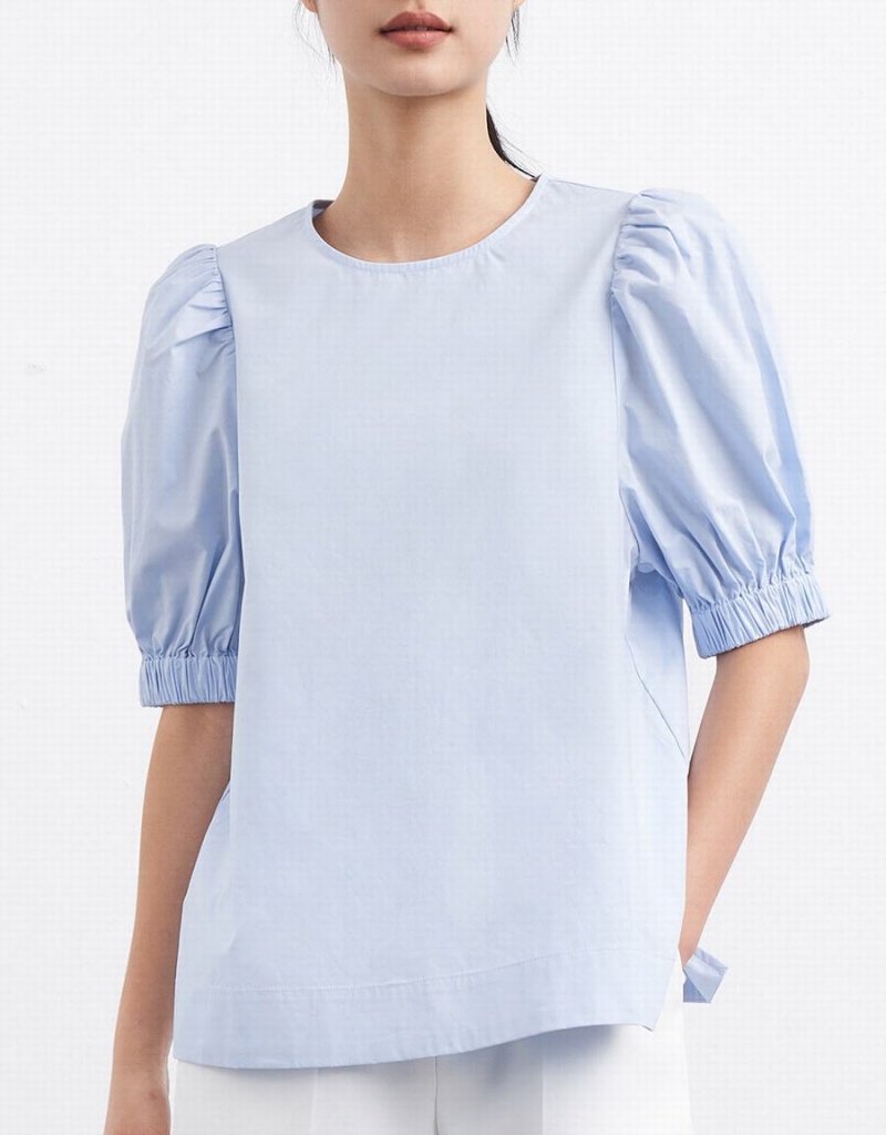 Blue Women's Urban Revivo Plain Puff Sleeve Blouse | UMP3988IP