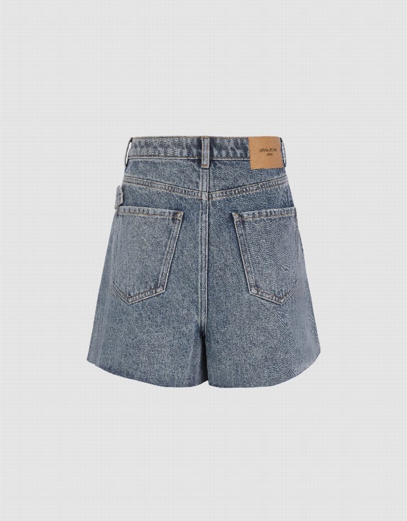 Blue Women's Urban Revivo Pleated Denim Shorts | CUC3450FL