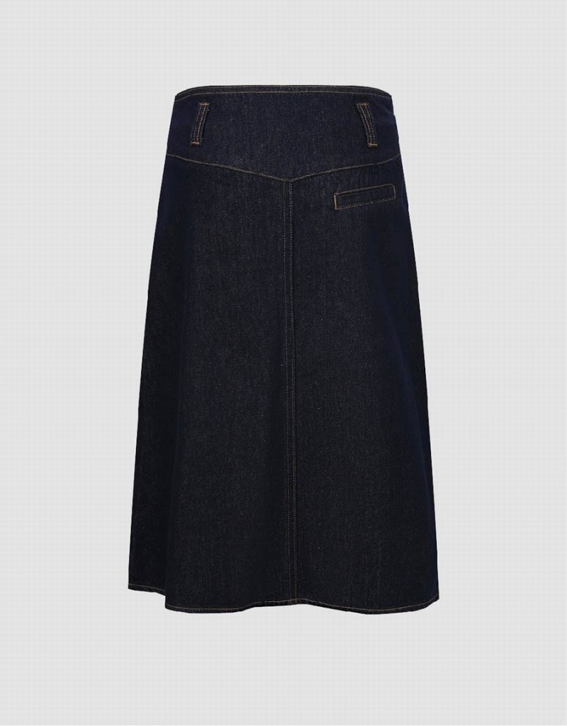 Blue Women's Urban Revivo Pleated Midi A-Line Denim Skirts | VUE3227WW