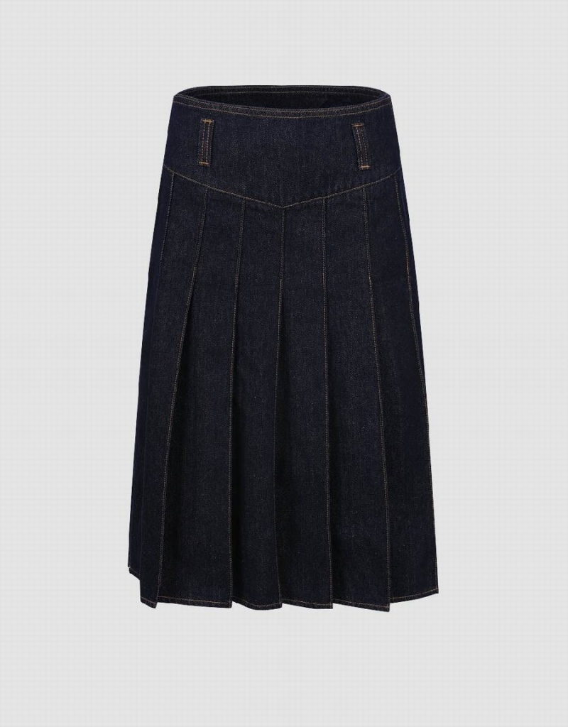 Blue Women\'s Urban Revivo Pleated Midi A-Line Denim Skirts | VUE3227WW