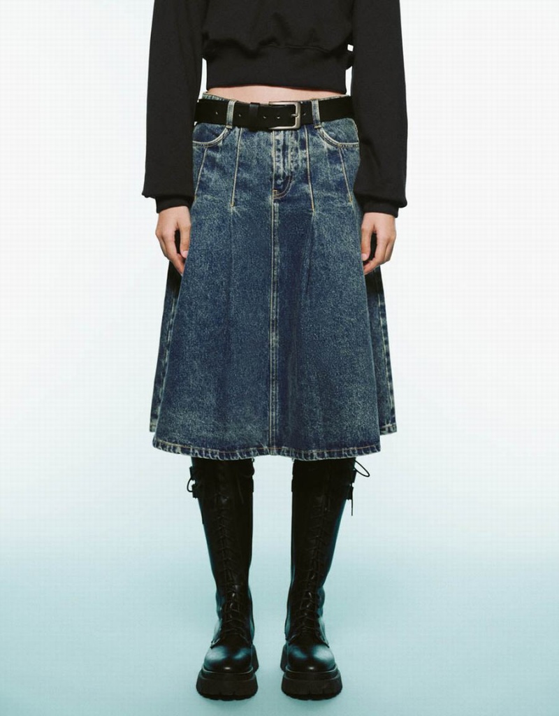 Blue Women's Urban Revivo Pleated Mini A-Line Denim Skirts | YJN4189JP