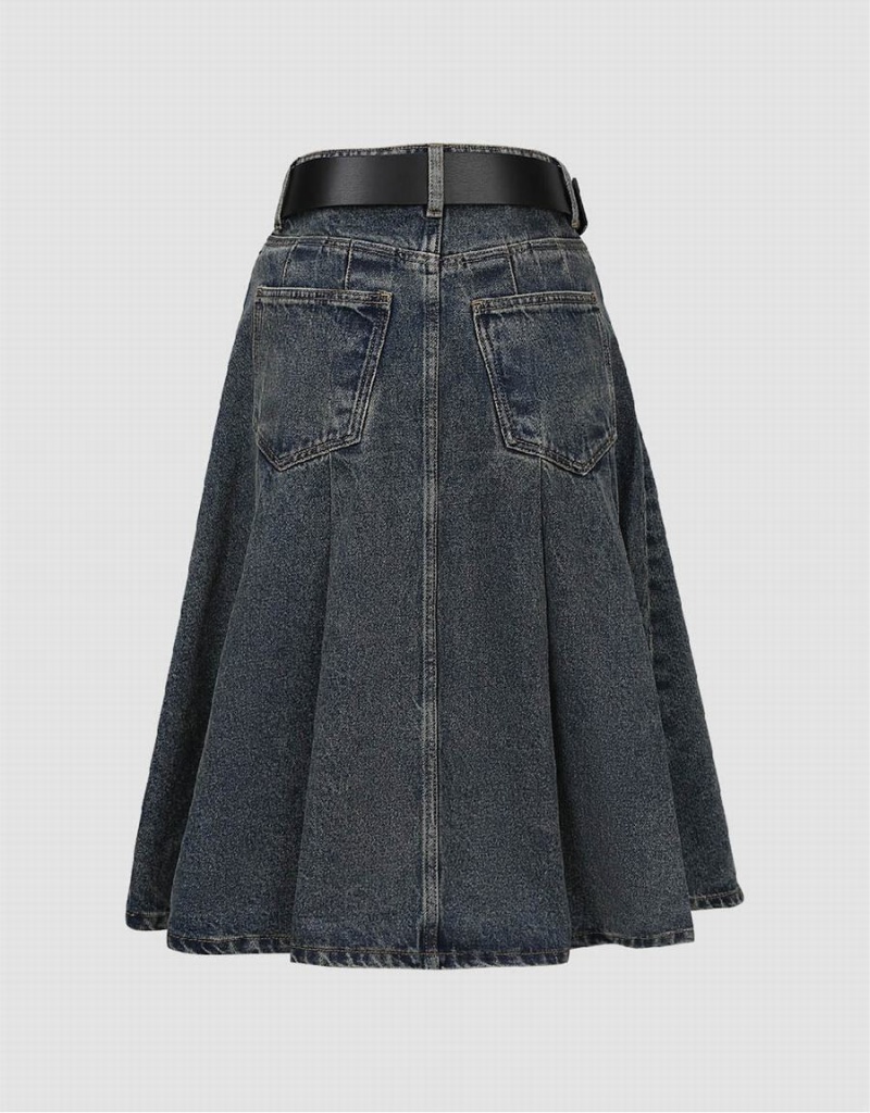 Blue Women's Urban Revivo Pleated Mini A-Line Denim Skirts | YJN4189JP