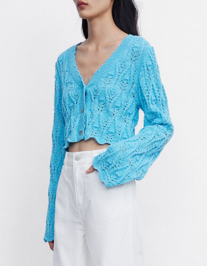 Blue Women's Urban Revivo Pointelle Button Up Cardigan | JGG3598TN