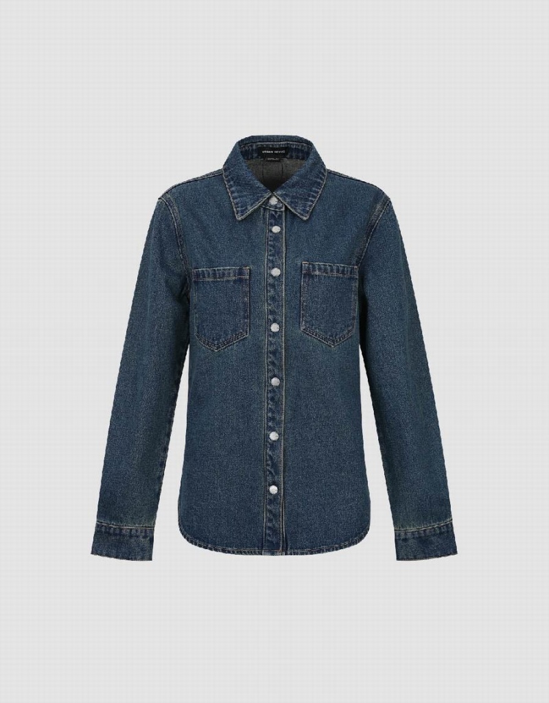 Blue Women's Urban Revivo Press Buttoned Denim Shirts | CQE498YI