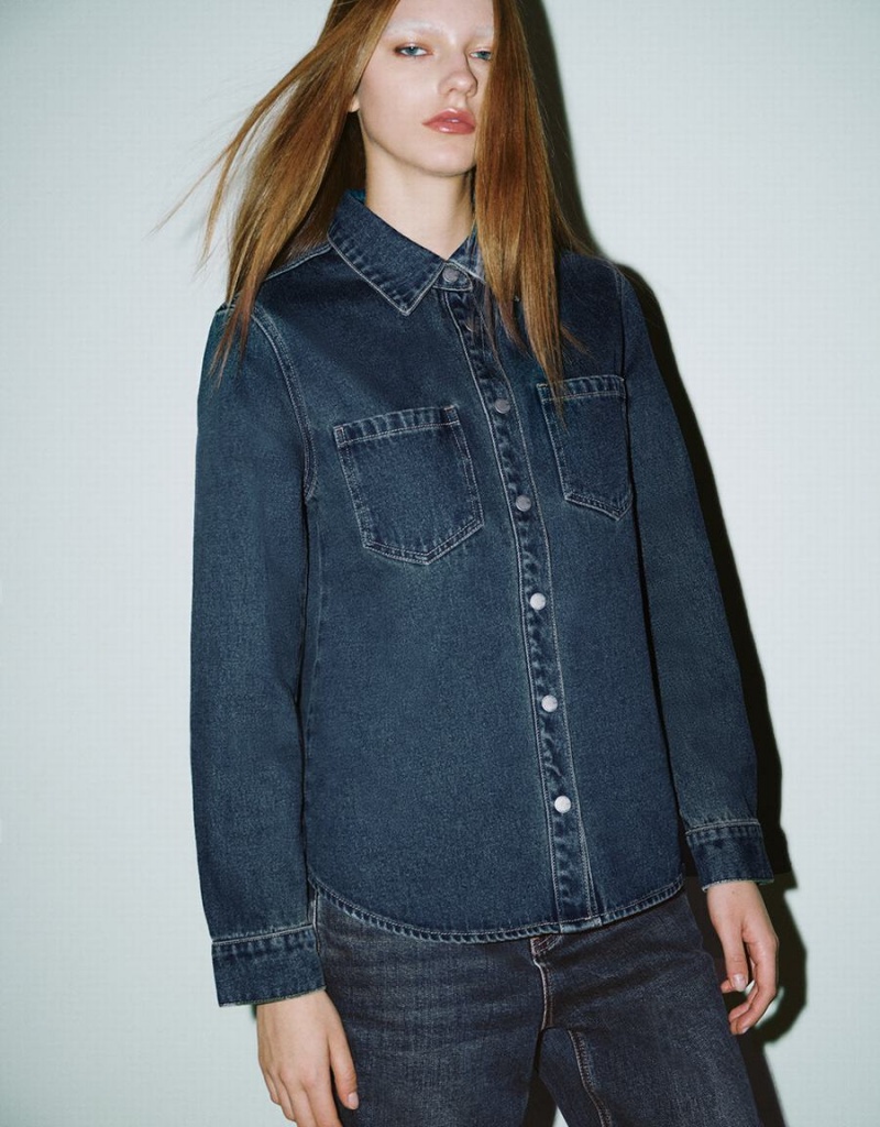 Blue Women's Urban Revivo Press Buttoned Denim Shirts | CQE498YI