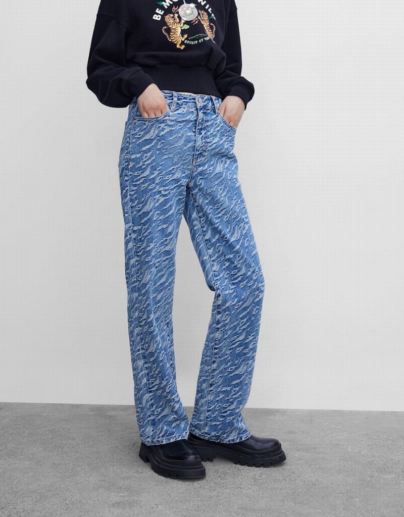 Blue Women's Urban Revivo Printed Flare Jeans | CLY6983JO