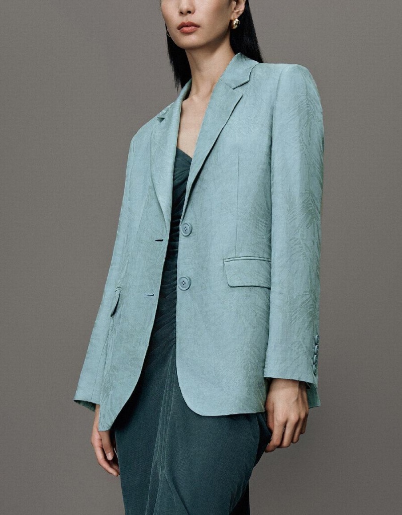 Blue Women's Urban Revivo Pritned Notch Lapel Blazers | RJN5225YD