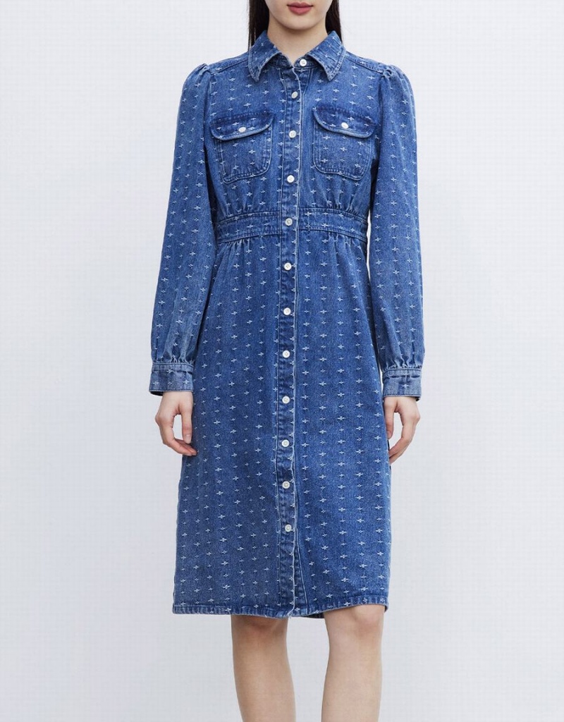 Blue Women's Urban Revivo Puff Sleeve Button Up Denim Dress | NAP1053XH