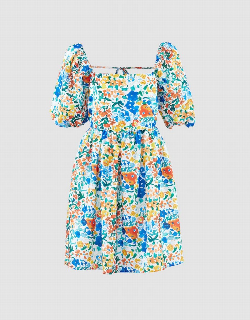 Blue Women\'s Urban Revivo Puff Sleeve Floral Print Dress | IVU8385YB