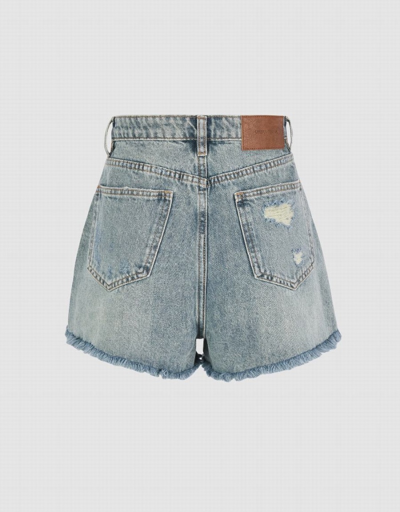 Blue Women's Urban Revivo Raw Hem Denim Shorts | FLI9655EW