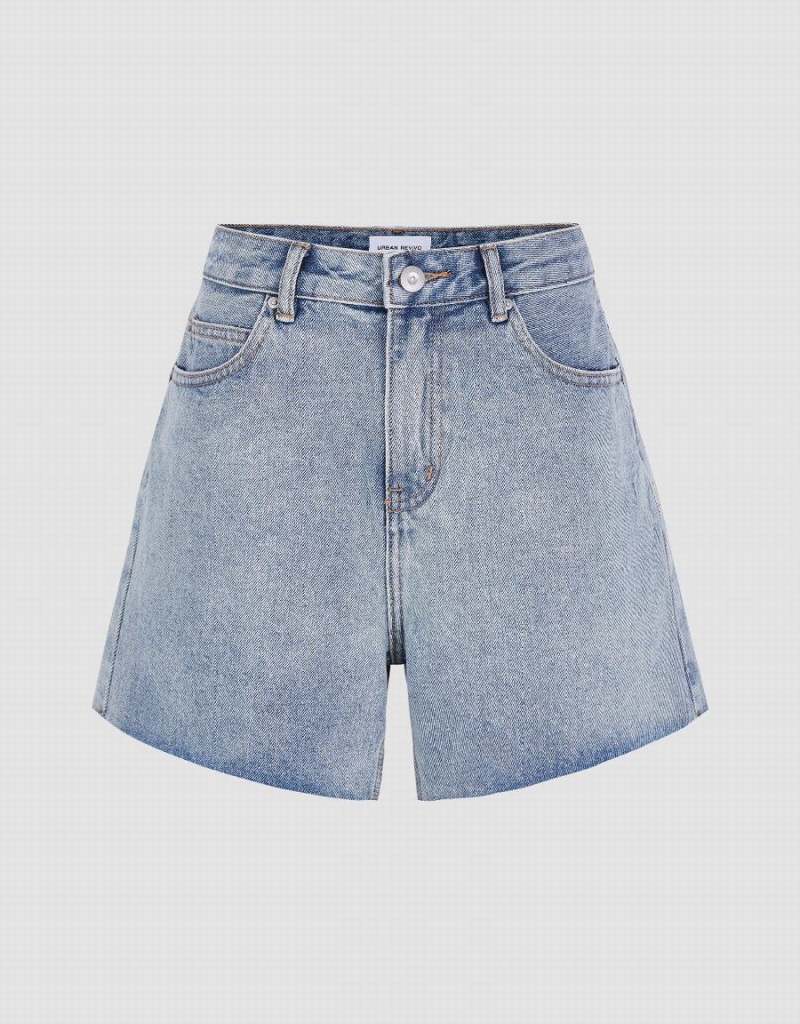 Blue Women's Urban Revivo Raw Hem Denim Shorts | HFE3388MF