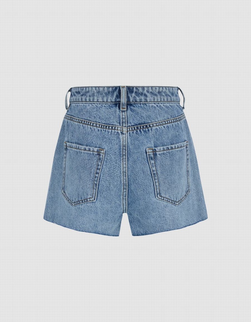 Blue Women's Urban Revivo Raw Hem Denim Shorts | VFP3211TH