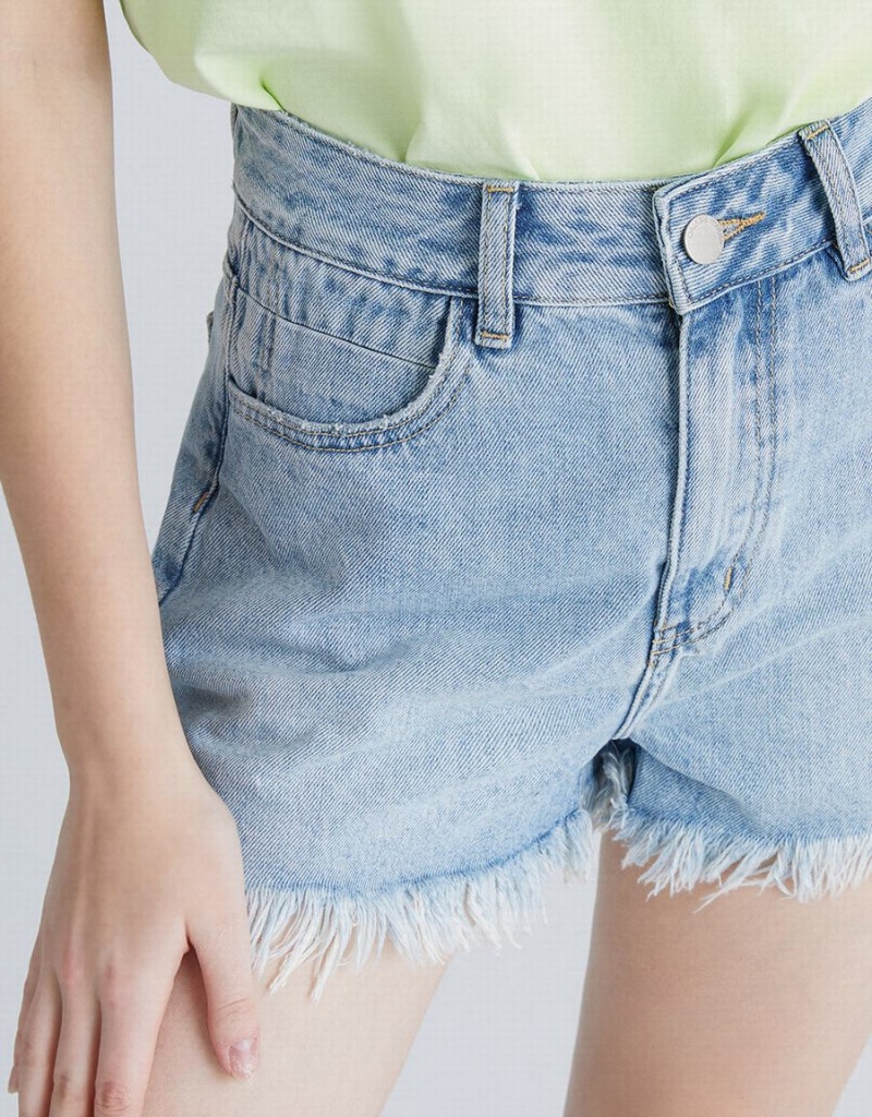 Blue Women's Urban Revivo Raw Hem Denim Shorts | LBF988OQ