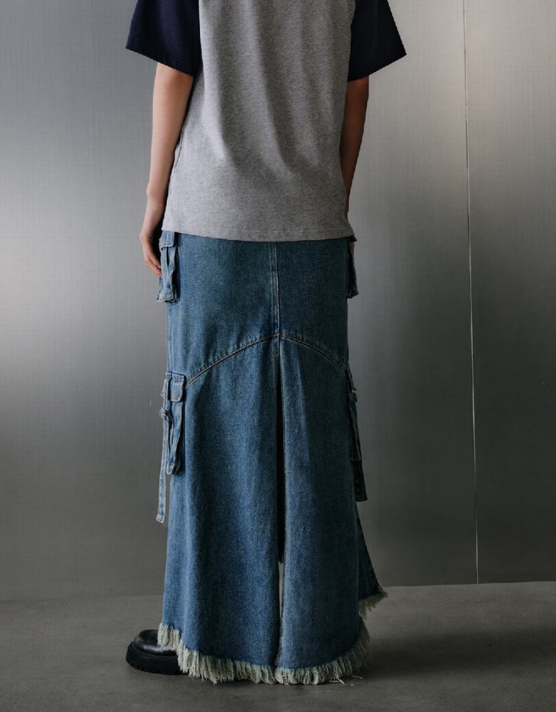 Blue Women's Urban Revivo Raw Hem Denim With Pockets Skirts | FPQ9174AZ