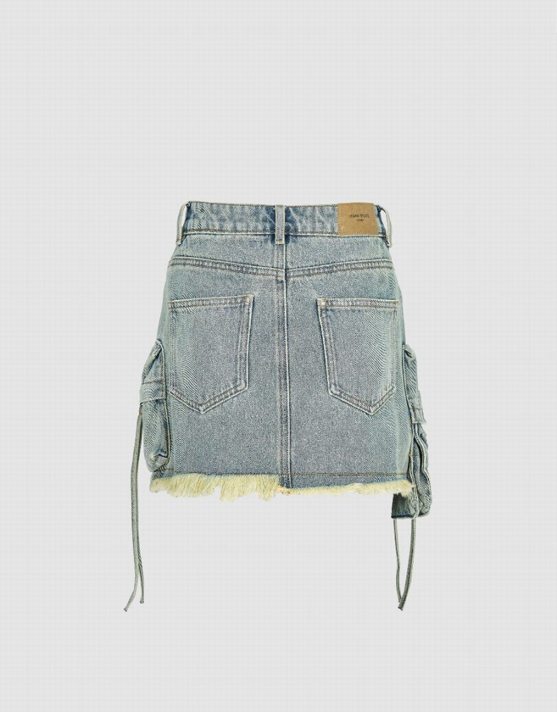 Blue Women's Urban Revivo Raw Hem Mini Denim Skirts | BCH9929DL