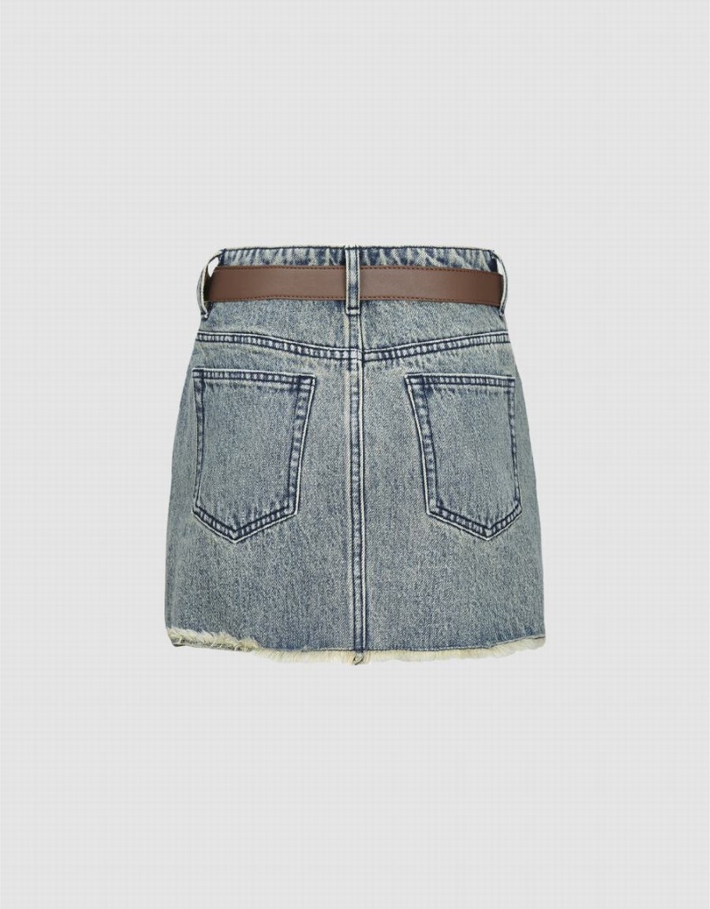 Blue Women's Urban Revivo Raw Hem Mini Denim Skirts | VRV7319AT