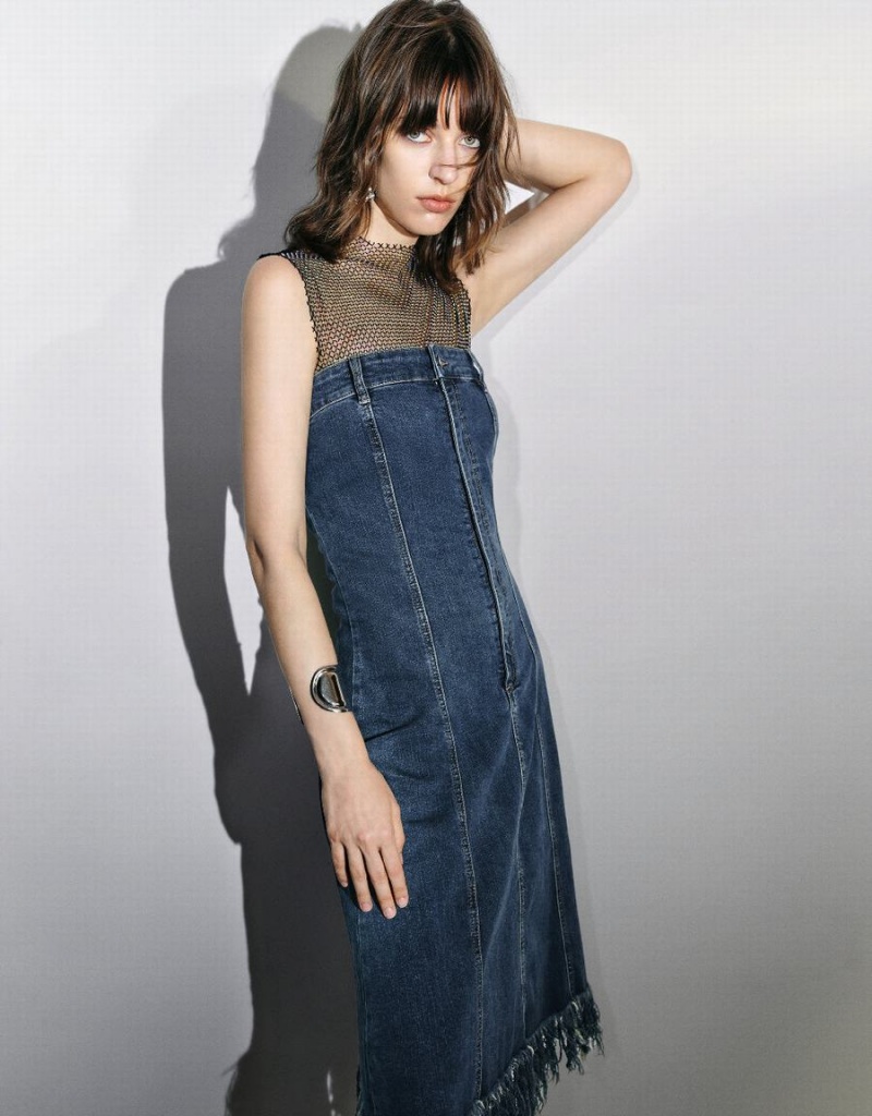 Blue Women's Urban Revivo Raw Hem Sleeveless Denim Dress | SNX7263ZV