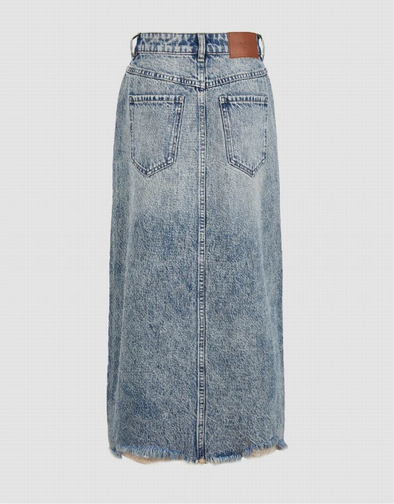 Blue Women's Urban Revivo Raw Hem Split A-Line Denim Skirts | KAP8726JB