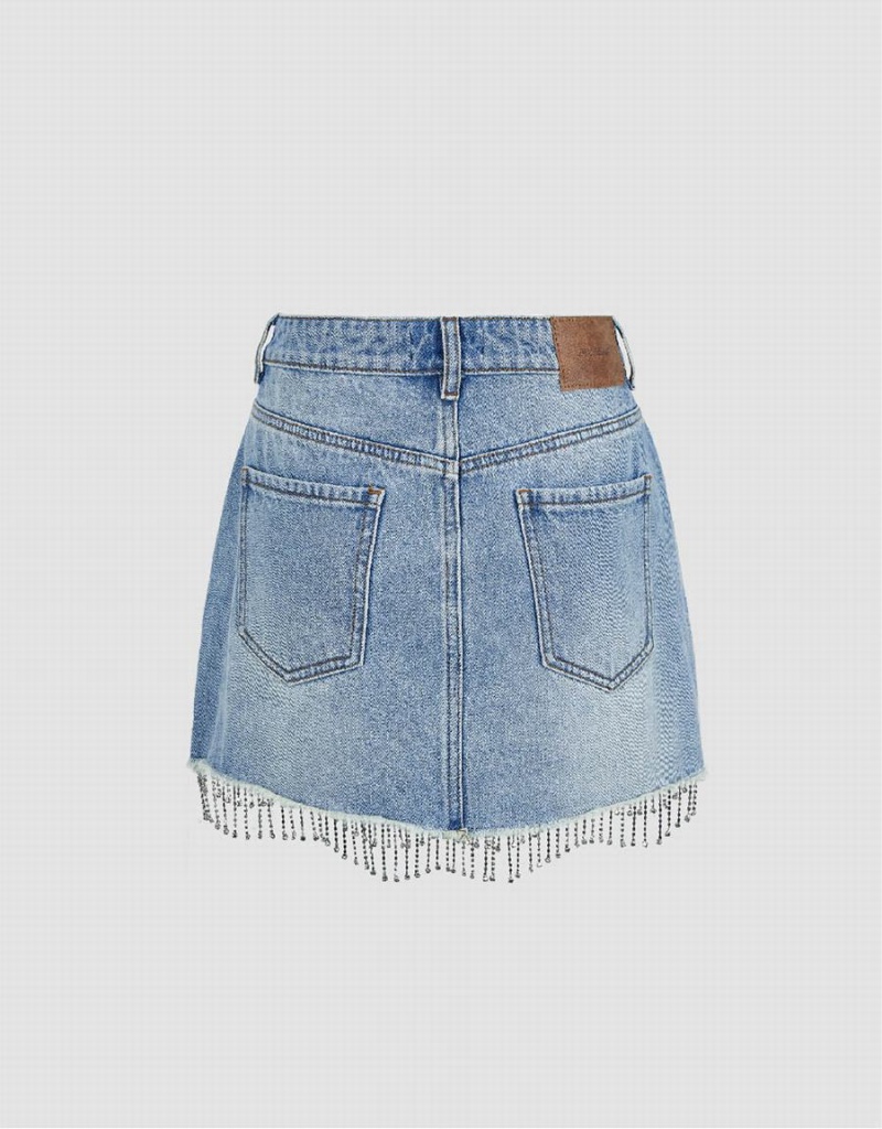 Blue Women's Urban Revivo Rhinestone Hem Mini Straight Denim Skirts | CDS221PN