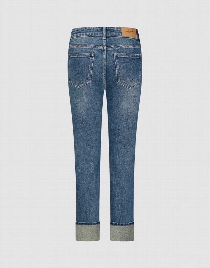 Blue Women's Urban Revivo Rolled Up Hem Straight Jeans | TOM9593IN