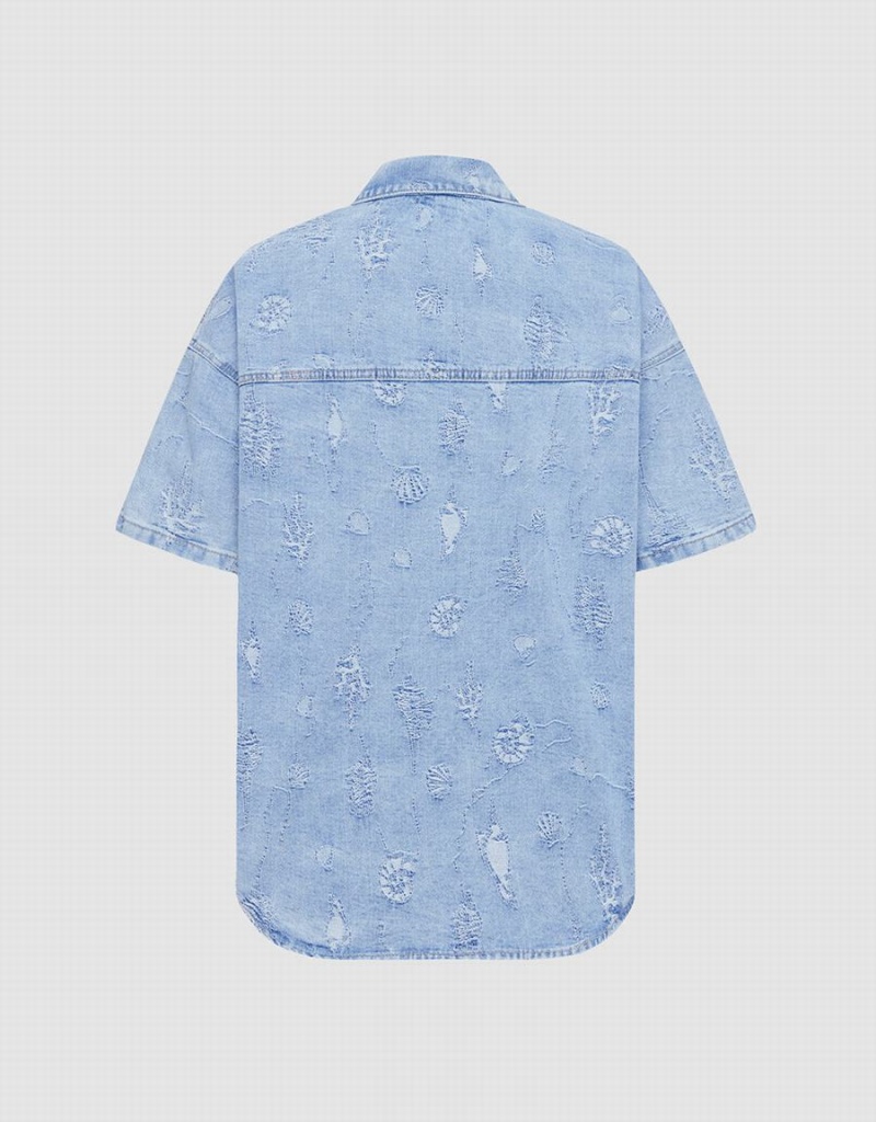 Blue Women's Urban Revivo Seashell Patched Pocket Denim Shirts | ISC9844DX