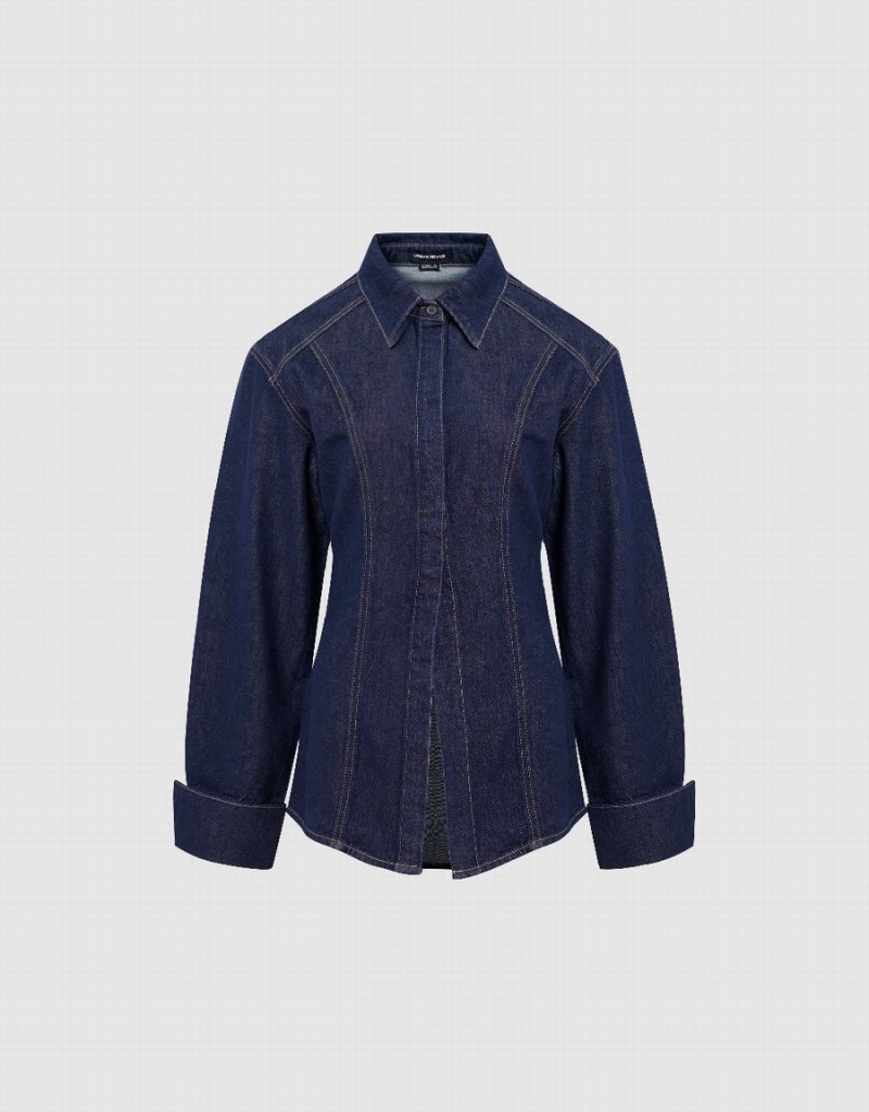 Blue Women's Urban Revivo Skater Denim Shirts | IPU879BD