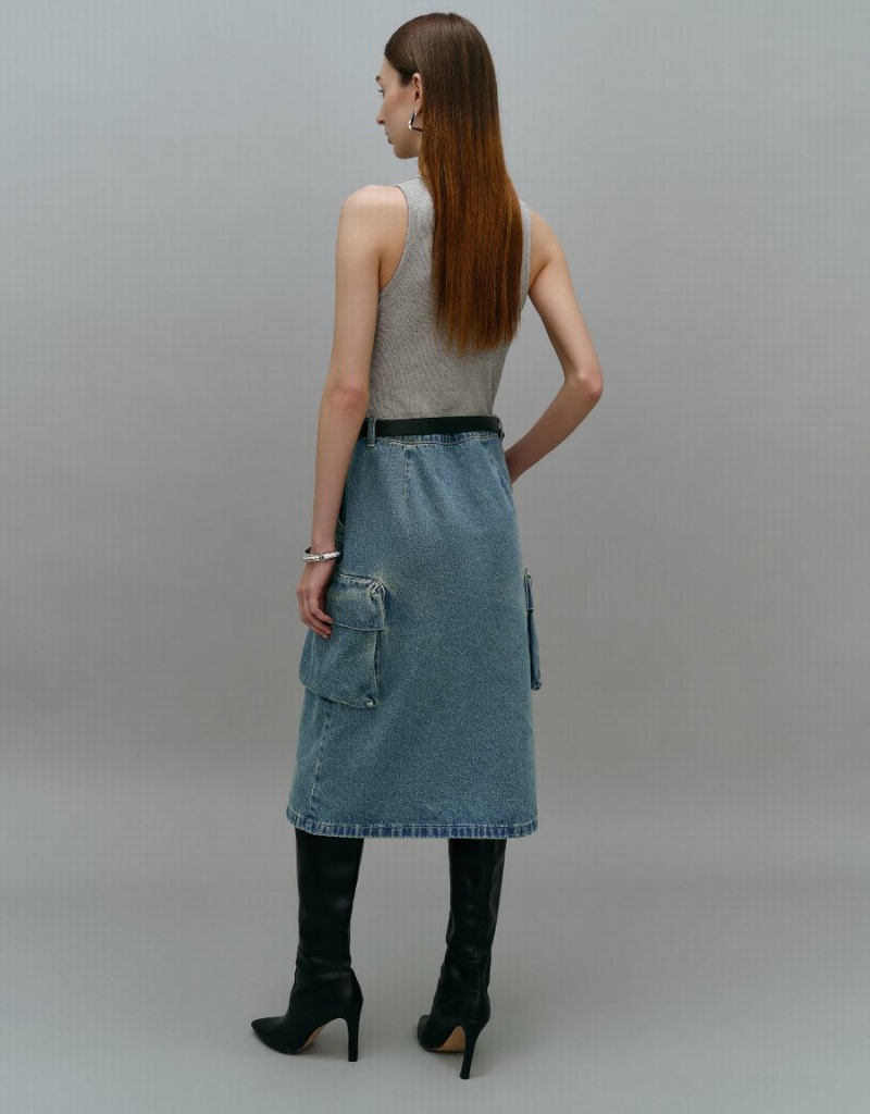 Blue Women's Urban Revivo Sleeveless 2 In 1 Crew Neck Denim Dress | IWT652CN