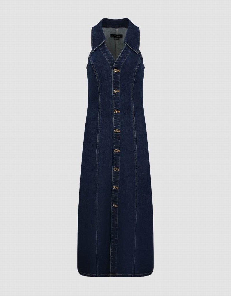 Blue Women's Urban Revivo Sleeveless Lapel Denim Dress | QNX390PF