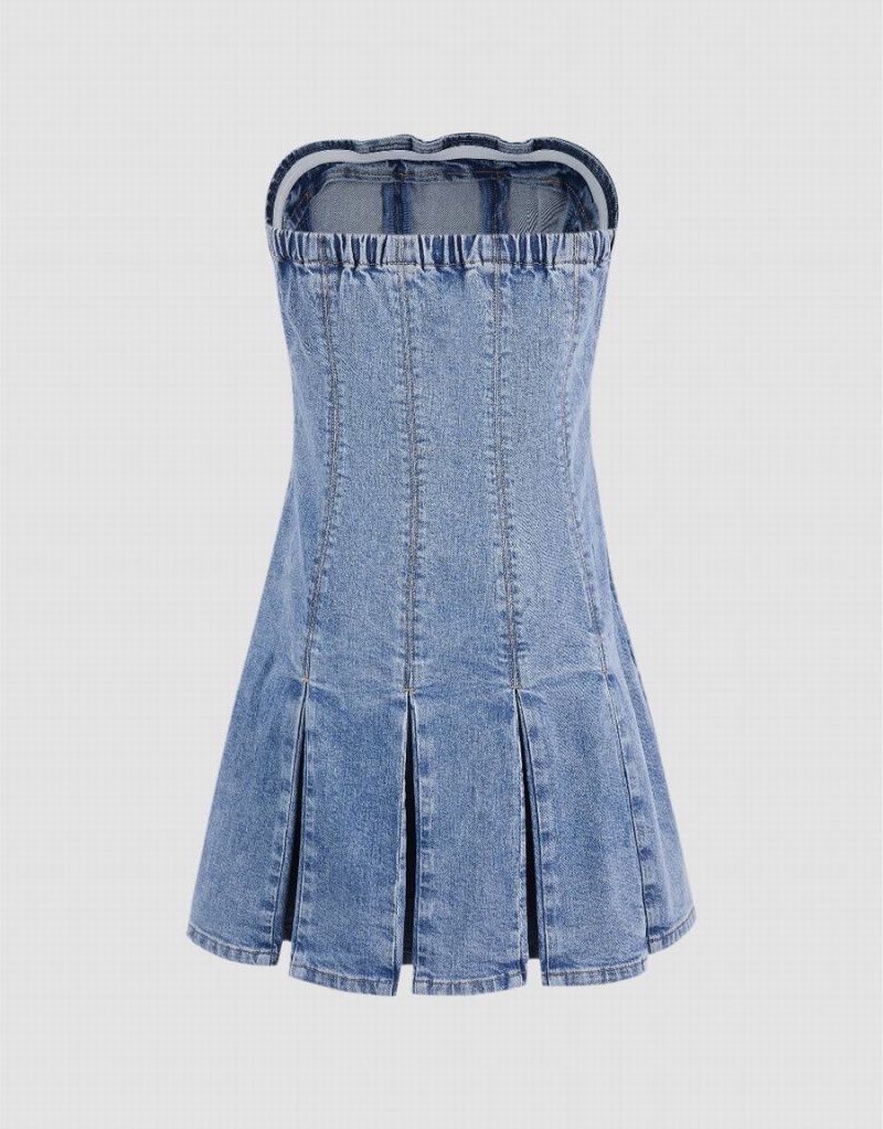 Blue Women's Urban Revivo Sleeveless Off-Shoulder Denim Dress | UOR2354IM