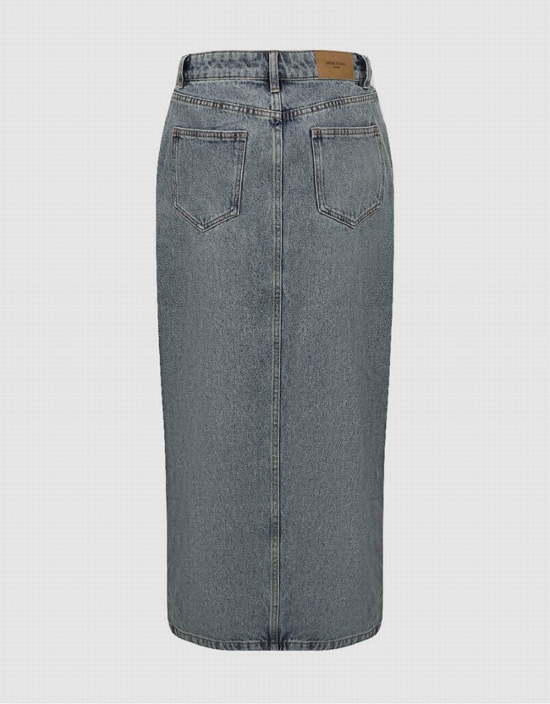 Blue Women's Urban Revivo Split Hem Midi Straight Denim Skirts | CPE796XA