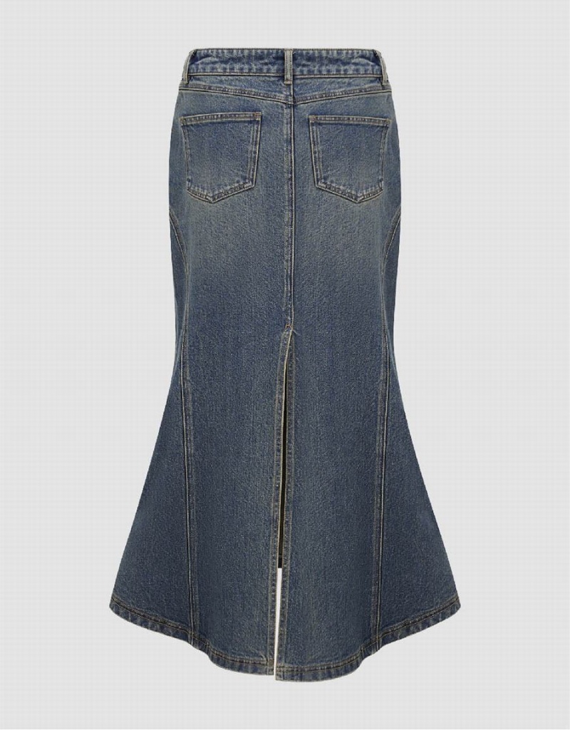 Blue Women's Urban Revivo Split Hem Midi Fishtail Denim Skirts | FTE229JC