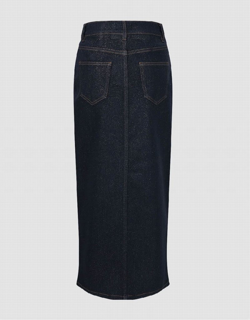 Blue Women's Urban Revivo Split Hem Midi Denim Skirts | THY4371DO