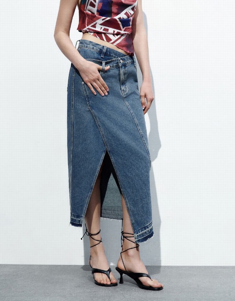 Blue Women's Urban Revivo Straight Denim Skirts | JSQ6936BW