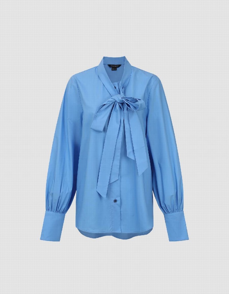 Blue Women's Urban Revivo Striaght Loose With Tie Shirts | TQK5385DX