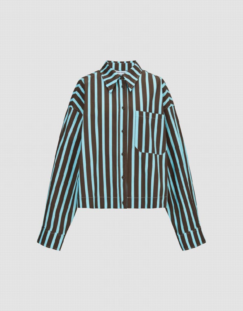 Blue Women's Urban Revivo Striped Button Up Shirts | ZXN9053WM