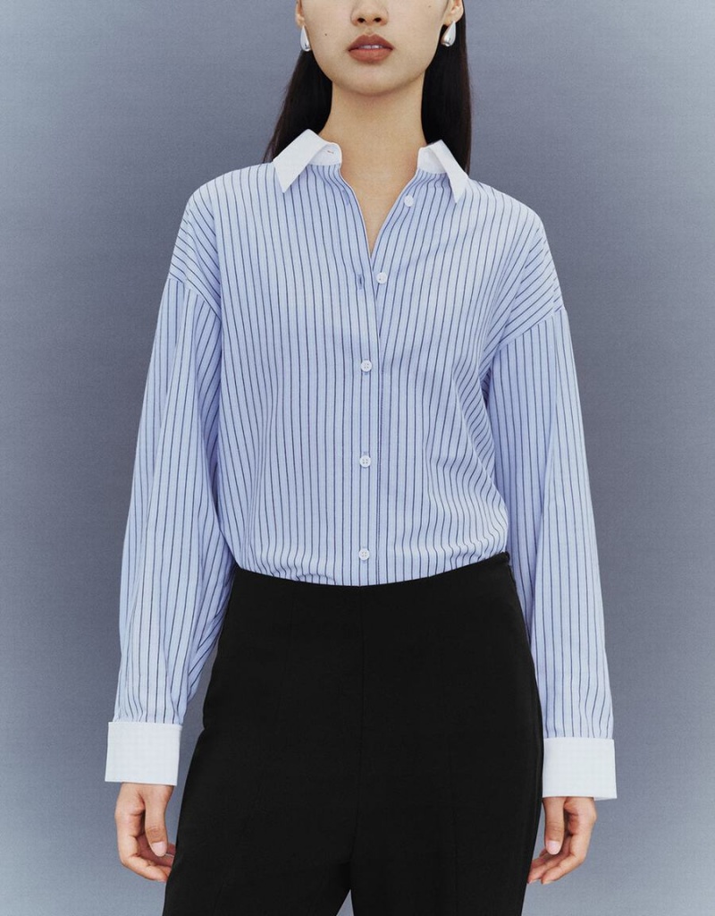 Blue Women's Urban Revivo Striped Button Up Lapel Shirts | YRS989MP