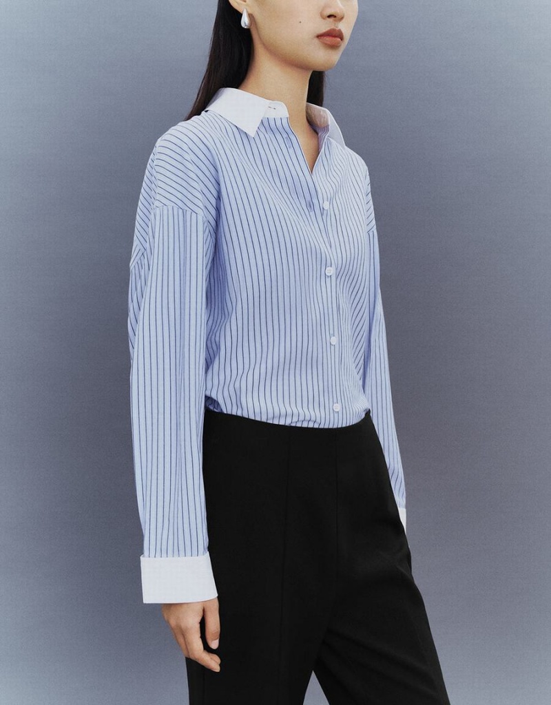 Blue Women's Urban Revivo Striped Button Up Lapel Shirts | YRS989MP