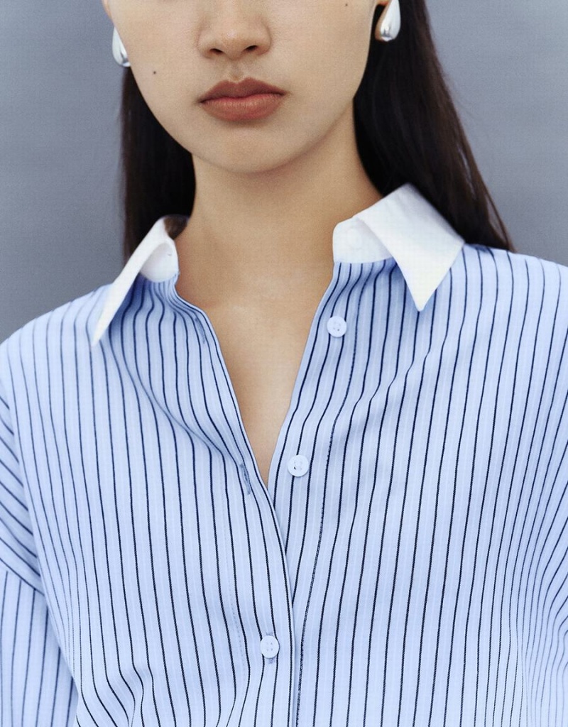 Blue Women's Urban Revivo Striped Button Up Lapel Shirts | YRS989MP