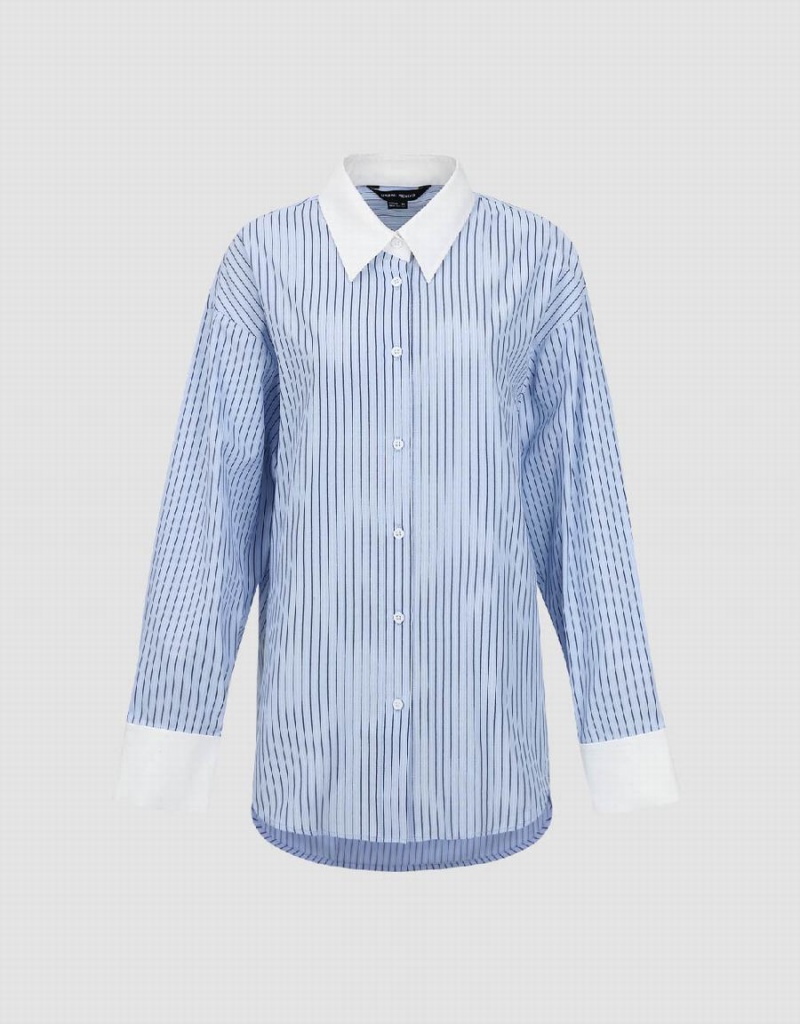 Blue Women\'s Urban Revivo Striped Button Up Lapel Shirts | YRS989MP