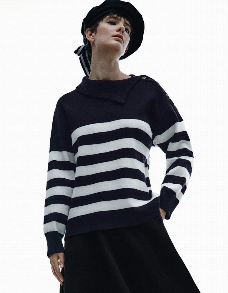 Blue Women\'s Urban Revivo Striped Knitted Cardigan | DOV2218KF