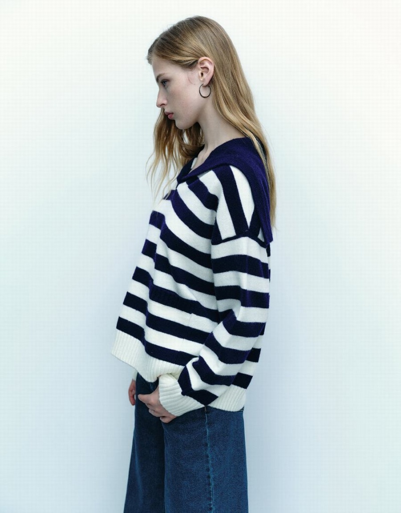 Blue Women's Urban Revivo Striped Lapel Knitted Cardigan | SGI9845WS