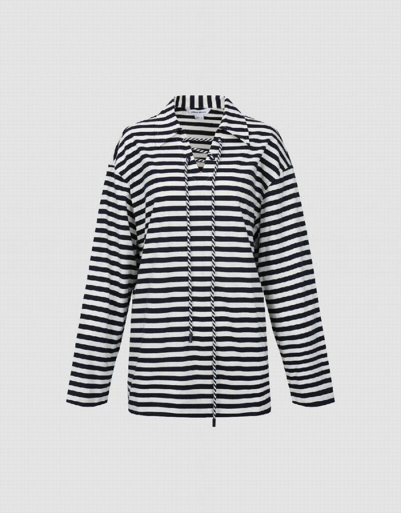 Blue Women's Urban Revivo Striped Lapel Loose T Shirts | FFR3275JI