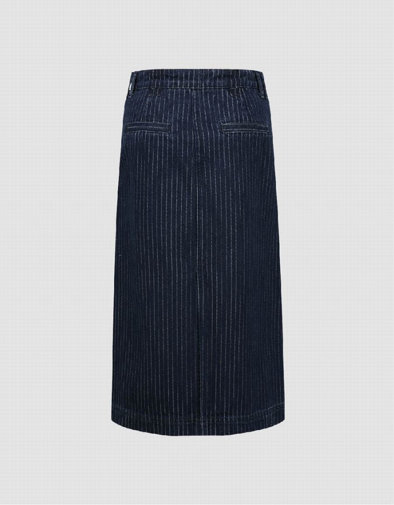 Blue Women's Urban Revivo Striped Midi Straight Denim Skirts | ISH2996ID