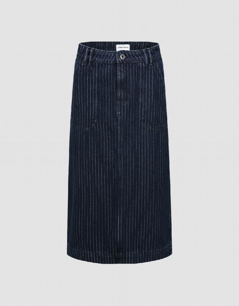 Blue Women\'s Urban Revivo Striped Midi Straight Denim Skirts | ISH2996ID