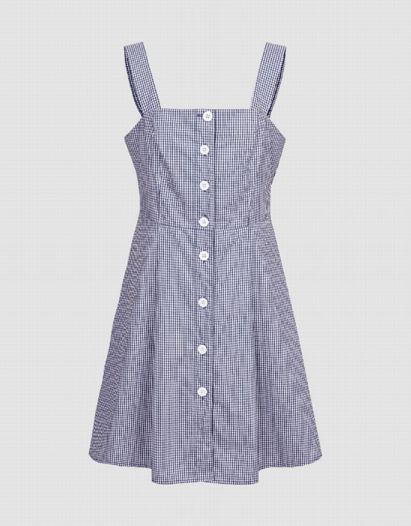 Blue Women's Urban Revivo Striped Sleeveless Square-Cut Collar A-Line Checkered Dress | NDQ643EI