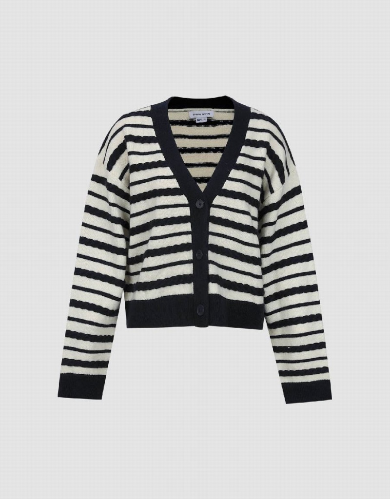 Blue Women's Urban Revivo Striped V-Neck Knitted Cardigan | LCA8265FQ