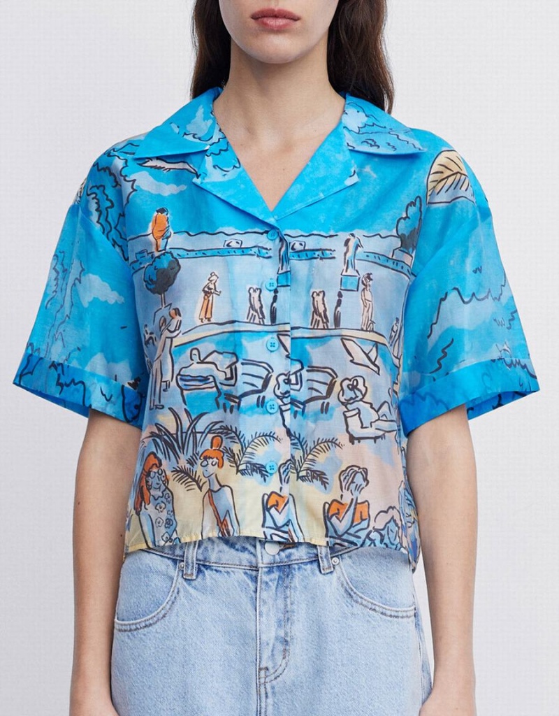 Blue Women's Urban Revivo Summer Landscape Shirts | ALM9486QZ