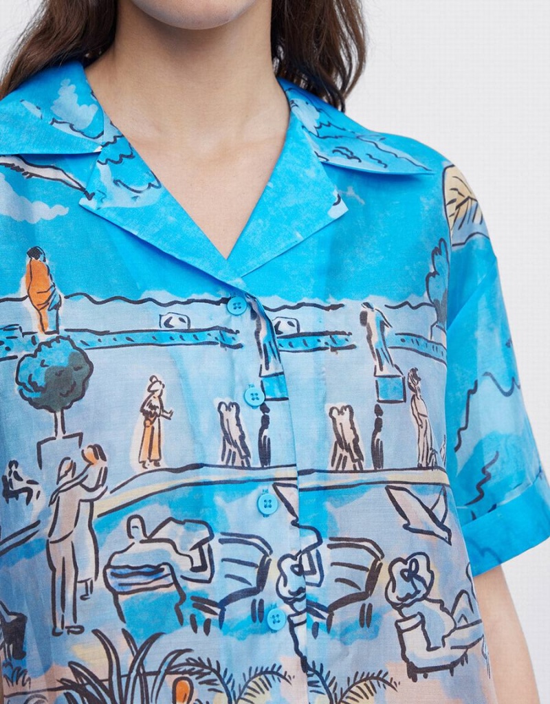 Blue Women's Urban Revivo Summer Landscape Shirts | ALM9486QZ