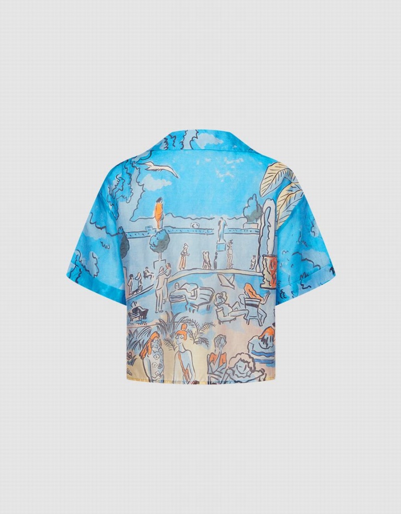 Blue Women's Urban Revivo Summer Landscape Shirts | ALM9486QZ