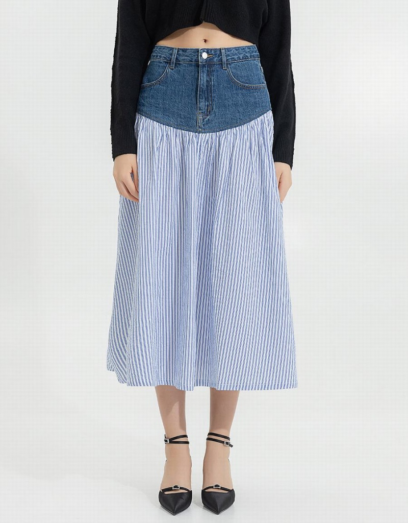 Blue Women's Urban Revivo Two Toned A-Line Denim Skirts | JTO3594AM